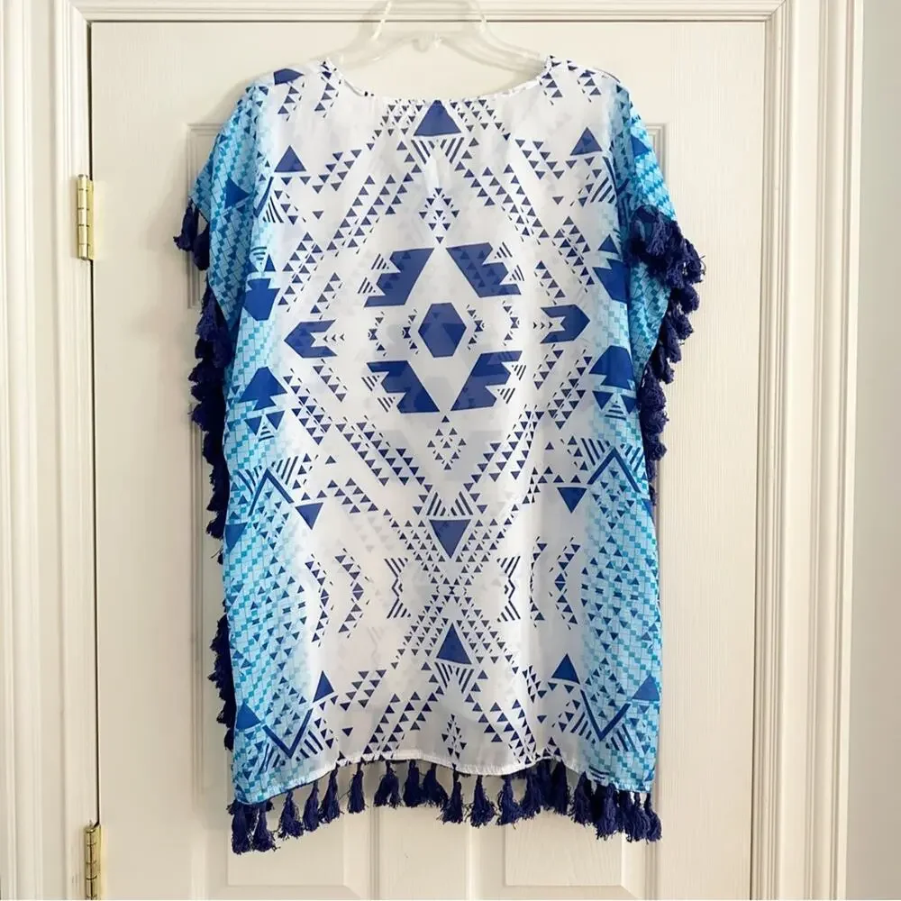 Cupshe NEW Blue White Geometric Print Boho Trim Swimsuit Bathing Suit Cover Up